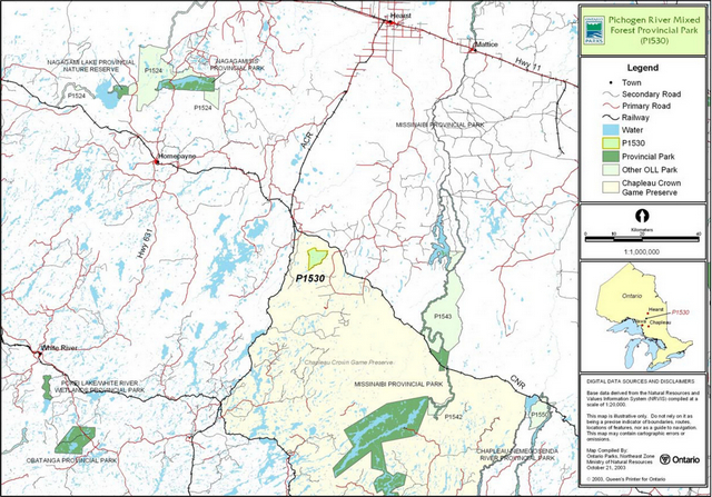 Map of Pichogen River Mixed Forest Provincial Park showing regional setting
