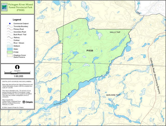 Map of Pichogen River Mixed Forest Provincial Park showing the park boundary