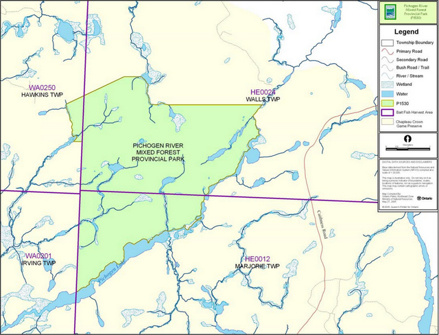 Map of Pichogen River Mixed Forest Provincial Park showing commercial baitfish harvesting areas