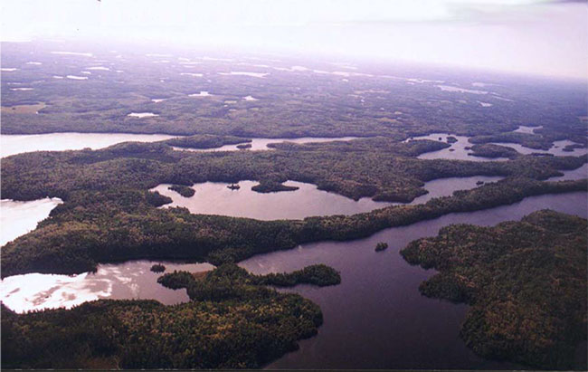 This photo shows Aerial view looking southeastwards from Maw and Slender Lakes in the foreground.