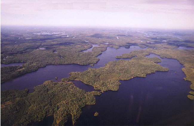 This photo shows Peninsula between Northwest Arm, Pipestone Lake and Schistose Lake on the left, and connecting channel in the foreground.