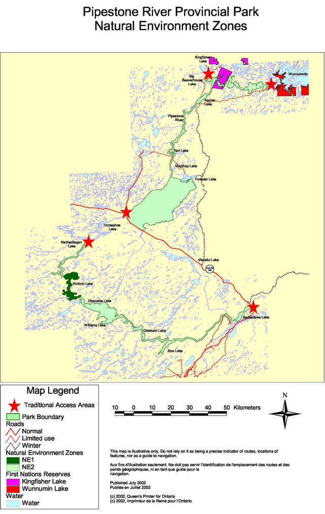 Map displaying the various Natural Environment Zones inside of Pipestone River Provincial  Park