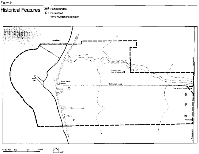 Map showing historical features of Point Farms Provincial Park