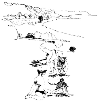 Drawn illustration showing children playing in the sand on the beach.