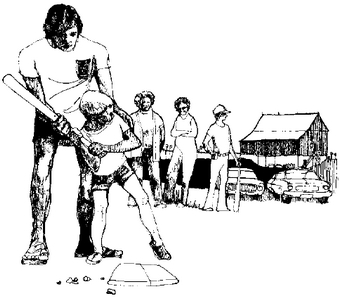 Hand drawn illustration of man helping little boy swing a baseball bat while other people watch in the background.