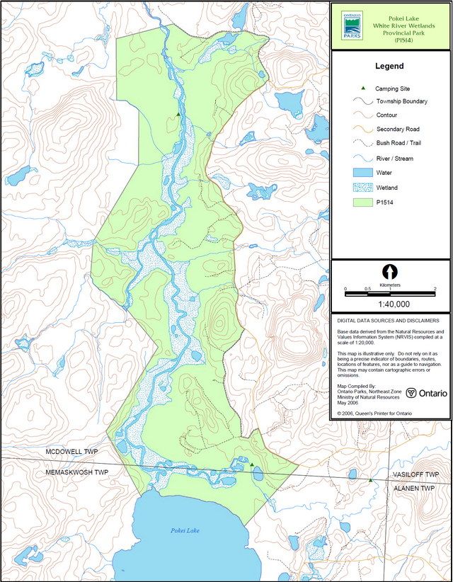 Map showing park boundary of Pokei Lake White River Wetlands Provincial Park