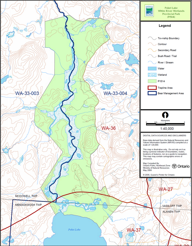 Map showing Bear Management Areas and trap line areas of Pokei Lake White River Wetlands Provincial Park