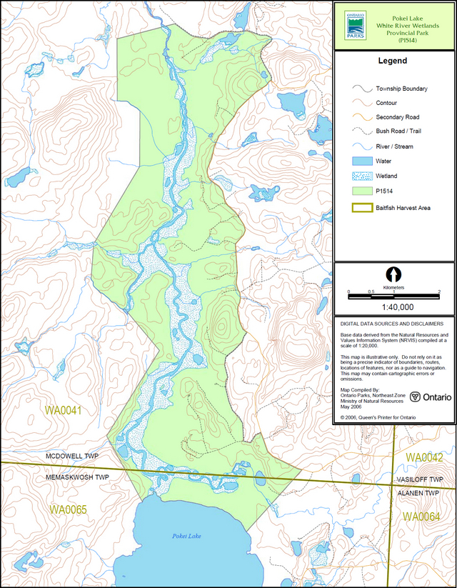 Map showing commercial baitfish harvesting areas in Pokei Lake White River Wetlands Provincial Park