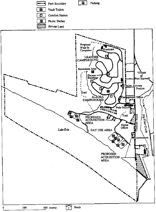 Map showing the present facilities and proposed acquisition areas inside of Port Burwell Provincial Park