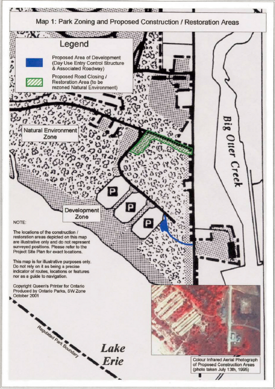 Map showing the proposed area of development and restoration areas inside of Port Burwell Provincial Park