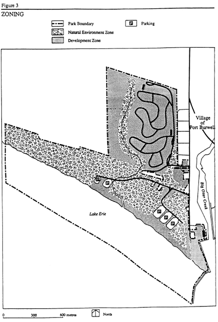Map showing the zoning types and development inside of Port Burwell Provincial Park