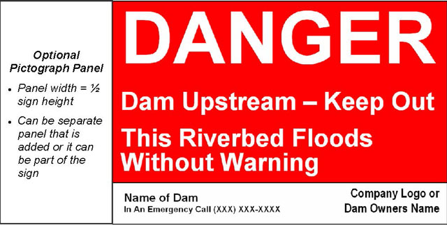 image of danger sign - dam upstream - riverbed floods.