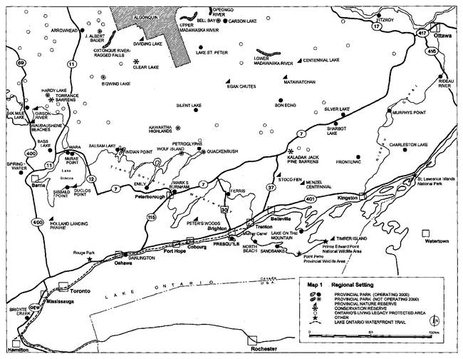 The Map 1 shows the Regional Setting for Presqu'ile Provincial Park Management Plan.
