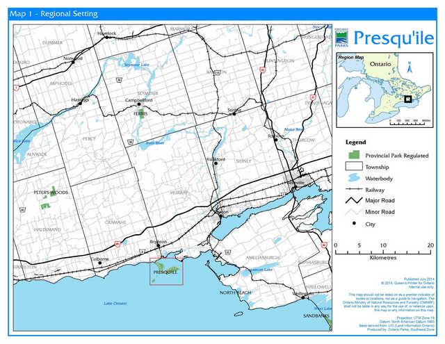 Map showing the location of Prequ'ile Provincial Park in relation to surrounding region