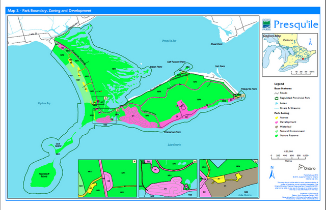 Map showing Presqu'ile Provincial Park Boundaries, Zoning and Development areas