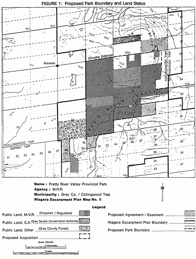 This is figure 1 map depicting proposed park boundary and land status for Pretty River Valley Provincial Park