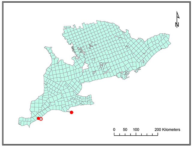 This is figure 2 map depicting the historical and current distribution of Bent Spike-rush in Ontario