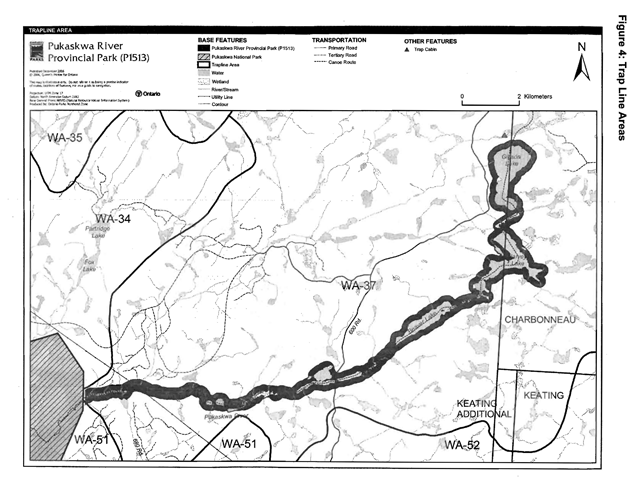 A map of trap line areas within Pukaskwa River Provincial Park