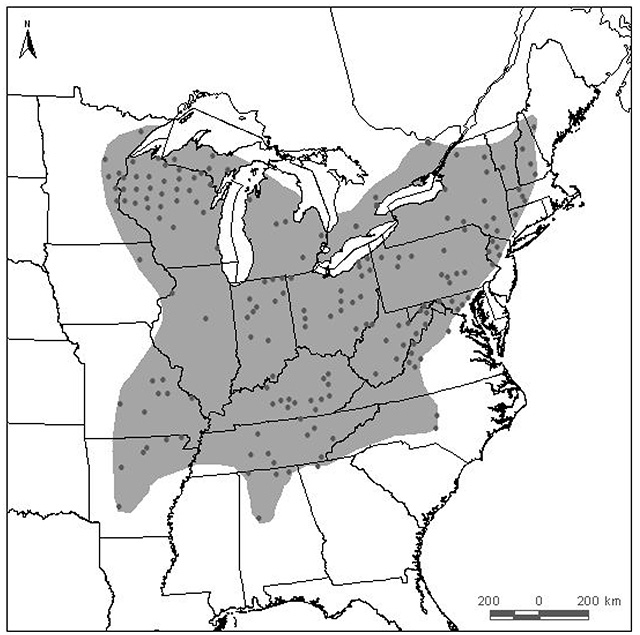 This is figure 1 map depicting the distribution of Rapids Clubtail in North America)