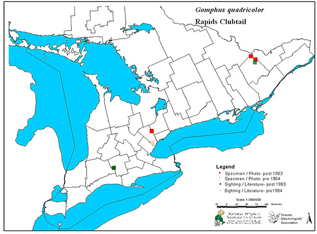 This is figure 2 map depicting the historical and current distribution of Rapids Clubtail in Ontario