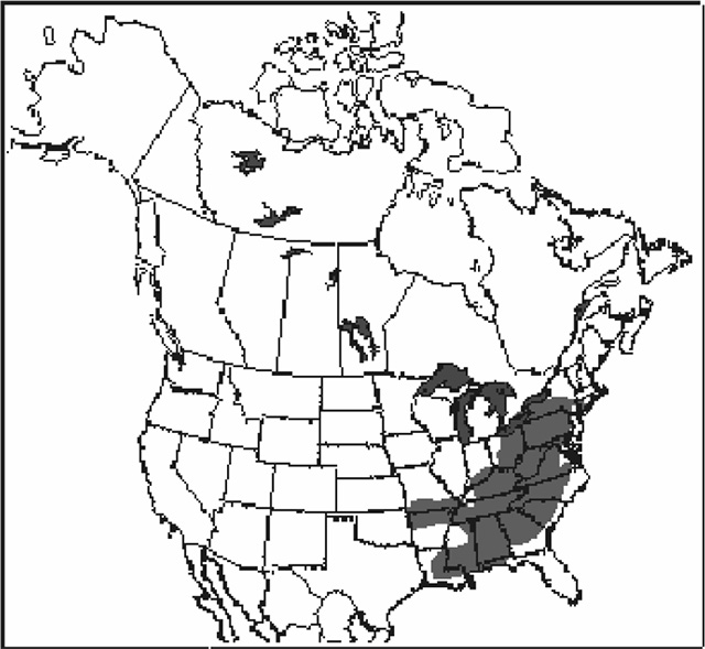 This is figure 1 map of the natural distribution of Magnolia acuminata in North America