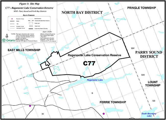 This site map illustrates key features of Raganooter Lake Conservation Reserve C77 including recreation camps, roads, trails, surveyed lot lines, unsurveyed lot lines, road allowance, township boundary, crown land, patent land and the conservation reserve boundary. 