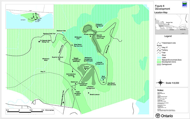 This map provides detailed information about the Development in Rainbow Falls Park.