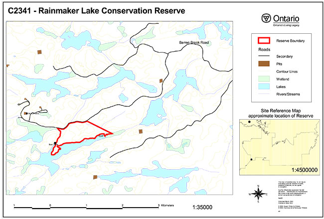 This photo provides detailed information for Rainmaker Lake Conservation Reserve including the reserve boundary, secondary roads, pits, countour lines, wetlands lakes and rivers/streams.