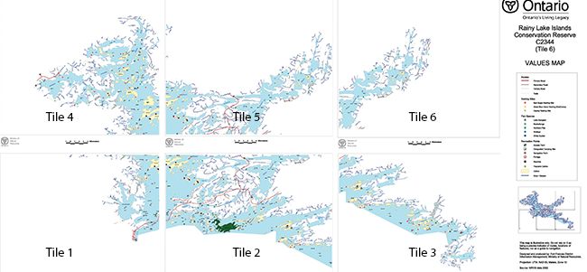This series of maps (tiles 1-6) depicts access via  primary, secondary and tertiary roads, trails as well as nesting sites, fish species and recreation points for Islands Conservation Reserve.