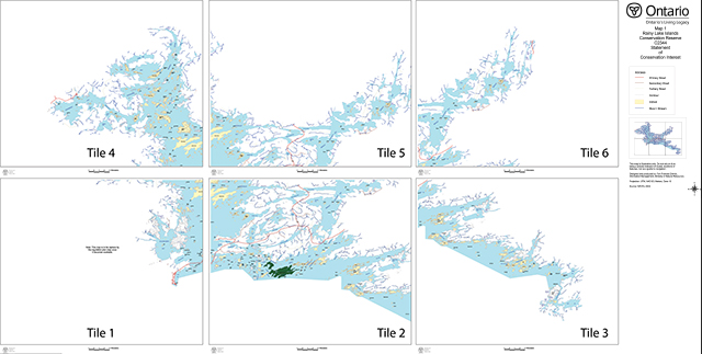 This is map 1 of Rainy Lake Islands Conservation Reserve depicting access features including primary, secondary and tertiary  roads, contour waterbodies and C2344.