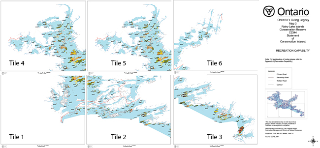 This series of maps (tiles 1-6) depicts contour, primary, secondary and tertiary roads for Rainy Lake Islands Conservation Reserve.
