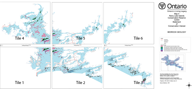 This series of maps (tiles 1-6) depicts contour, primary, secondary and tertiary roads as well as bedrock geology features for Rainy Lake Islands Conservation Reserve.