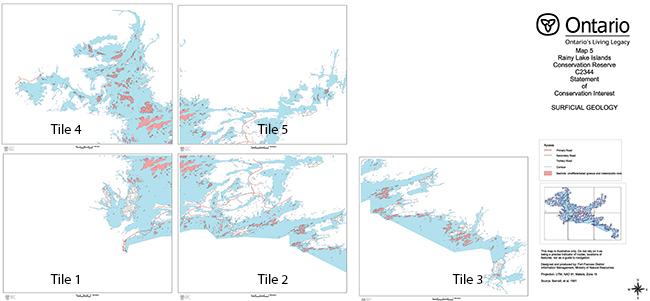This series of maps (tiles 1-6) depicts contour, primary, secondary and tertiary roads as well as bedrock features for Rainy Lake Islands Conservation Reserve.