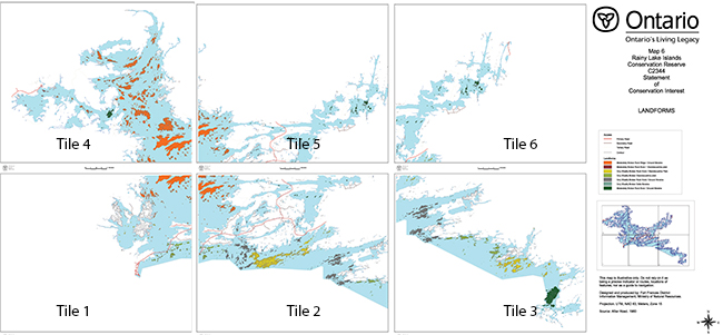 This series of maps (tiles 1-6) depicts contour, primary, secondary and tertiary roads as well as landform features for Rainy Lake Islands Conservation Reserve.