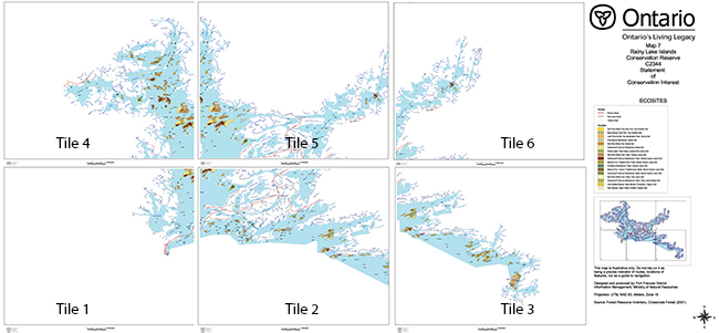 This series of maps (tiles 1-6) depicts access via  primary, secondary and tertiary roads as well as  various ecosites for Rainy Lake Islands Conservation Reserve.