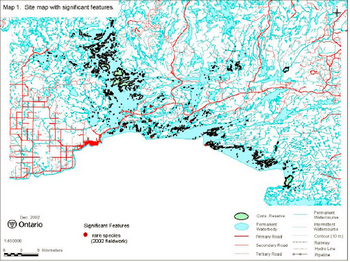 This is a site map of Rainy Lake Islands Conservation Reserve that depicts significant features