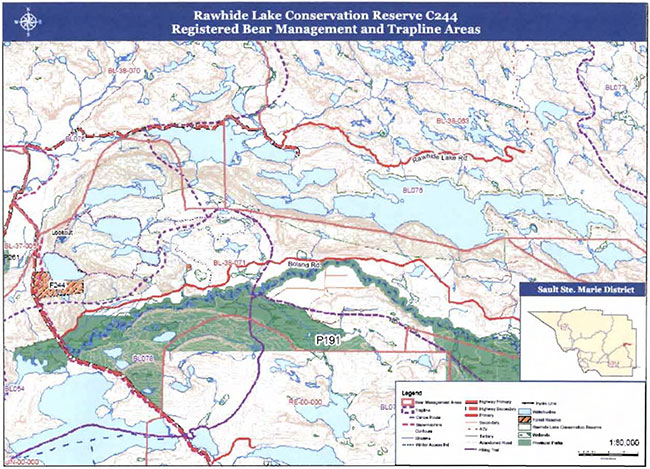 This map provides detailed information about Bear Management & Trapline Areas of Rawhide Lake Conservation Reserve.