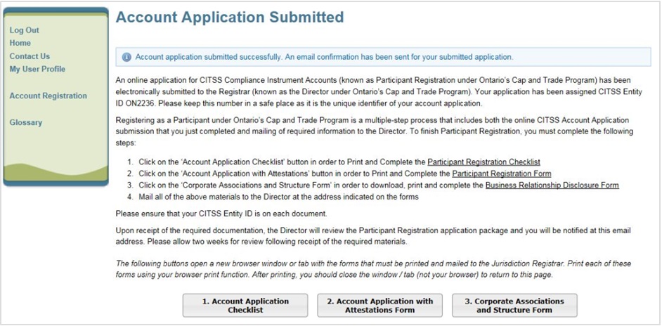 Graphic of Figure 3: Account Application Submitted page and links to the three forms.