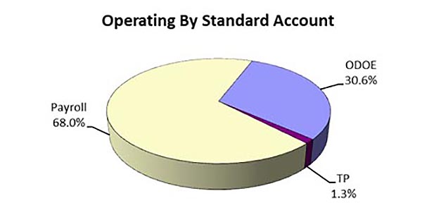 Operating by Standard Account pie chart shows Payroll at 68%, Other Direct Operating Expenditures at 30.6% and Transfer Payments at 1.3%.