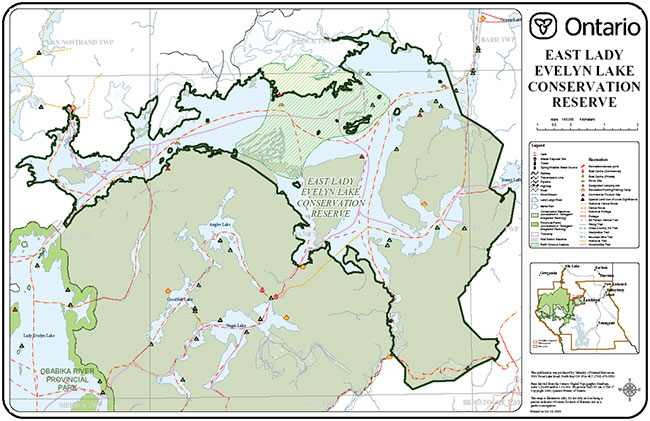 This map provides detailed information about East Lady Evelyn Lake Conservation Reserve.
