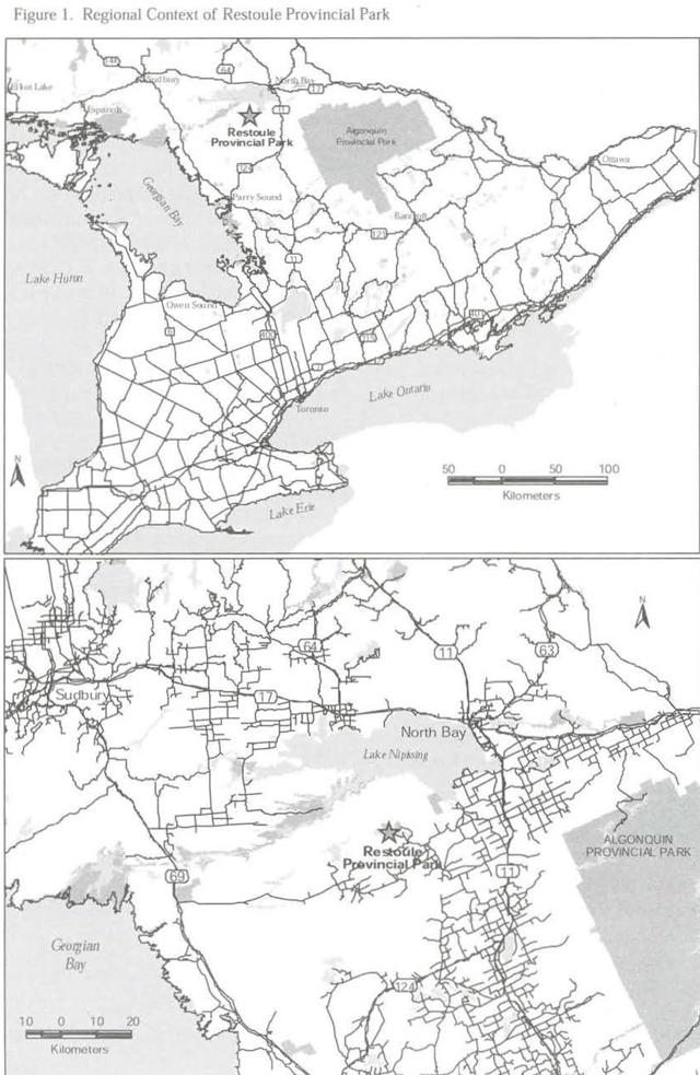 Greyscale map depicts the region around Restoule Provincial Park including roads and water bodies with lines and shades of grey. An enlarged datail map also depicts the park’s location with a star.