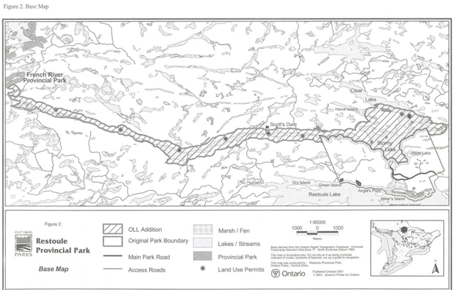 Greyscale map depicts Ontario’s Living Legacy Addition, Original Park Boundary, Main Park Road, Access Roads, Marsh/Fen, Lakes/Streams, Provincial Park, Land Use Permits with lines and shades of grey.