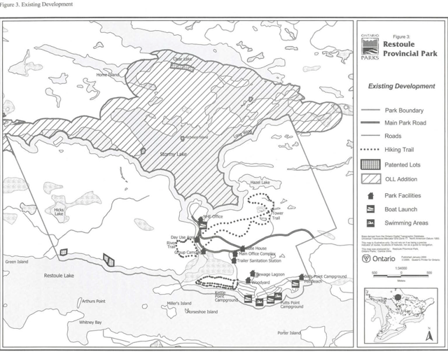 Greyscale map depicts Park Boundary, Main Park Road, Roads, Hiking Trail, Patented Lots, Ontario’s Living Legacy Addition, Park Facilities, Boat Launch, and Swimming Areas with lines and with shades of grey.