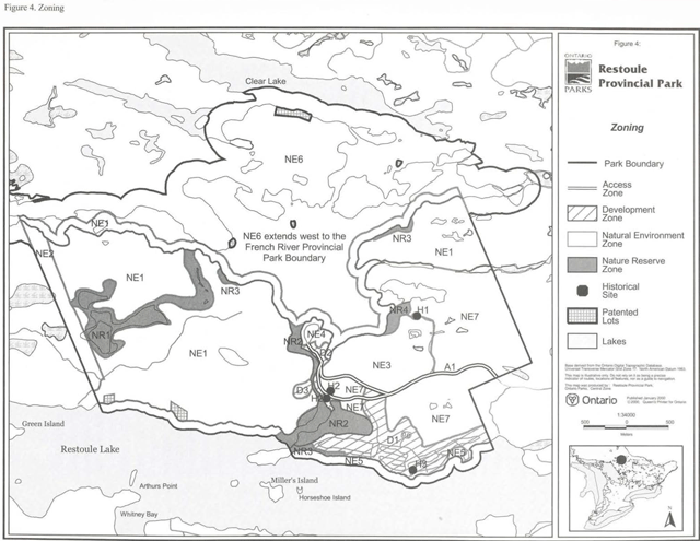 Greyscale map indicates Zoning, Park Boundary, Access Zone, Development Zone, Natural Environment Zone, Nature Reserve Zone, Historical Site, Patented Lots, Lakes with lines and shades of grey.