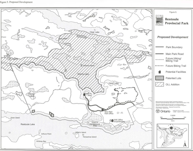 Greyscale map depicts the Park Boundary, Main Park Road, Future Hiking/ Biking Trail, Future Biking Trail, Potential Facilities, Patented Lots, Ontario’s Living Legacy Addition with lines and shades of grey.