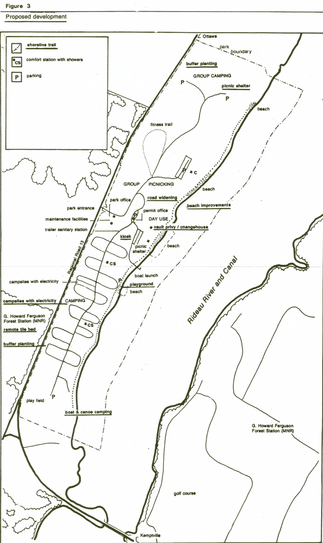 Greyscale map depicts features of exisitng development in the park including transportation routes, group camping, picnic shelter, beachs, trails, playground, boat launch, forest, a shoreline trail, comfort stations withshowers, and parking with lines and shades of grey.