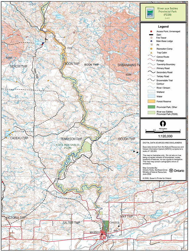 This map provides detailed information about Park Boundary, River aux Sables Provincial Park.