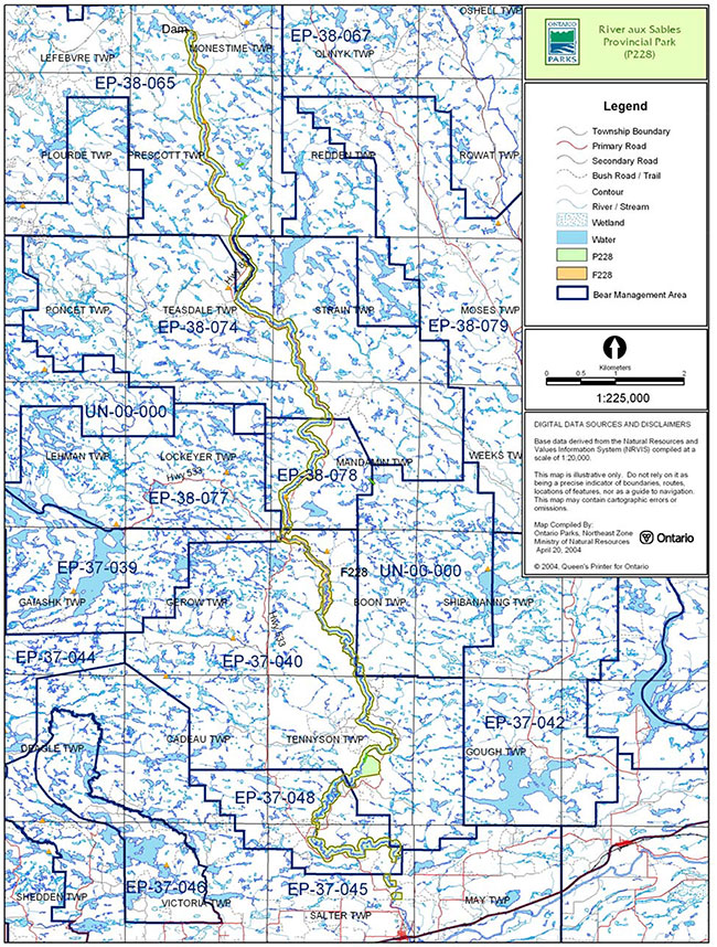 This map provides detailed information about Bear Management Areas, River aux Sables Provincial Park.