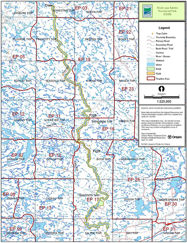 This map provides detailed information about Trap Line Areas, River aux Sables Provincial Park.