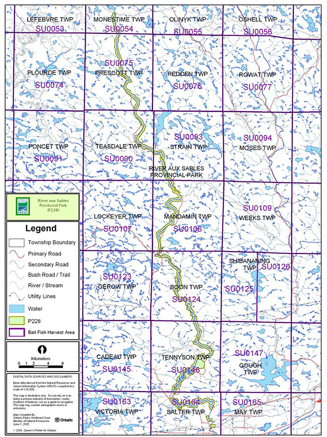 This map provides detailed information about Commercial Baitfish Harvesting, River aux Sables Provincial Park.